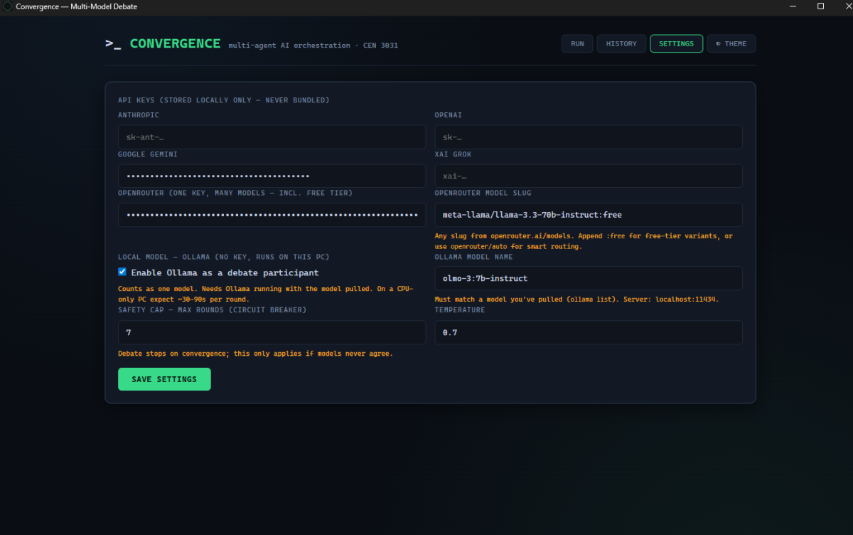 Convergence SETTINGS page